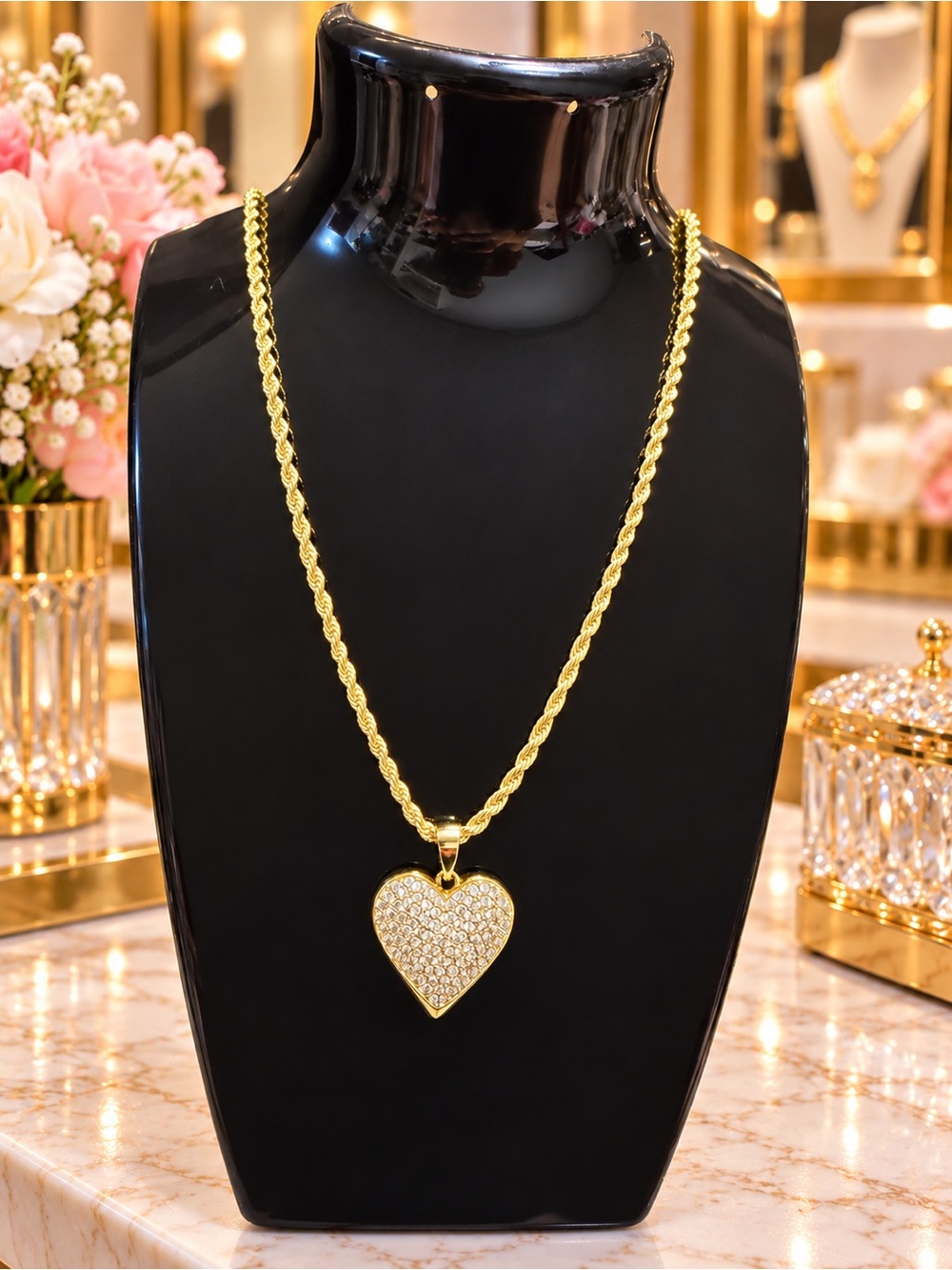 Gold plated Heart Pendant Necklace with Crystal Pavé - Women Jewelry 18 inch